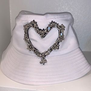 Rhinestone Heart White Bucket Hat Summer Luxury